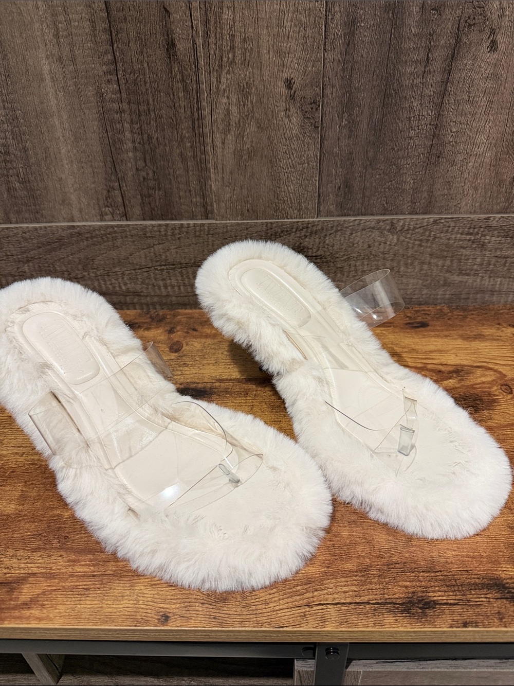 Plush White Faux Fur Slide Sandals with Clear Strap